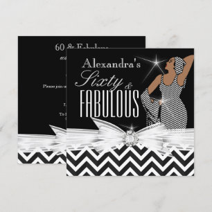 Invitation Glamour Fabulous 60 Chevron Noir Blanc Anniversair