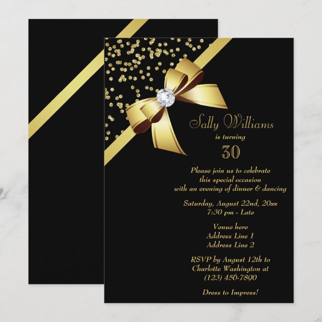 Invitation Glamour Gold Confetti & Jewel Bow 30e anniversaire (Devant / Derrière)