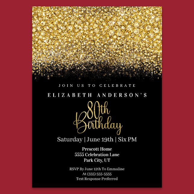 Invitation Glamour Gold Jeweled Glitter 80th Birthday (Créateur téléchargé)