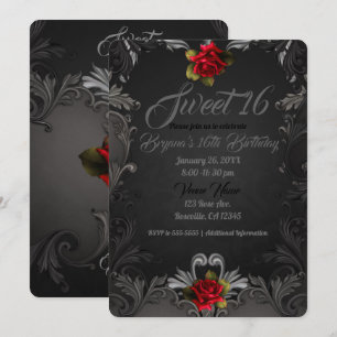 Invitation Glamour gothique Rose rouge noire Ornemental Douce