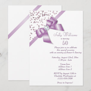 Invitation Glamour Lilac Confettis & Nœud Bijou 50 Anniversai