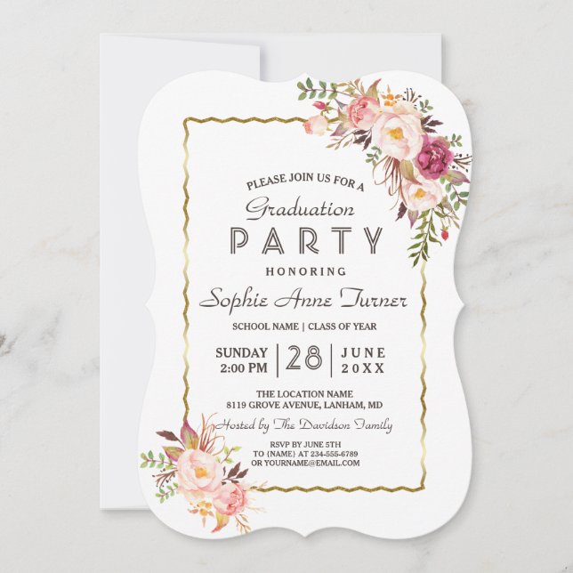 Invitation Glamour Or Blush rose Floral Parti de Graduation (Devant)