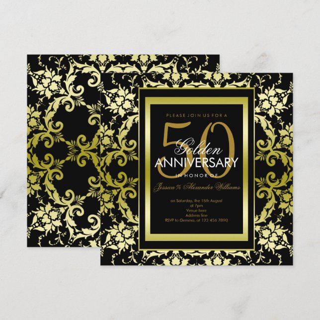 Invitation Glamour Or Damask 50e Anniversaire de Mariage (Devant / Derrière)