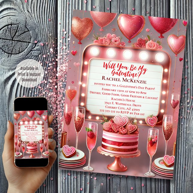 Invitation Glamour rose et rouge Fête de la Saint-Galentin (Marquee Galentine's Day)
