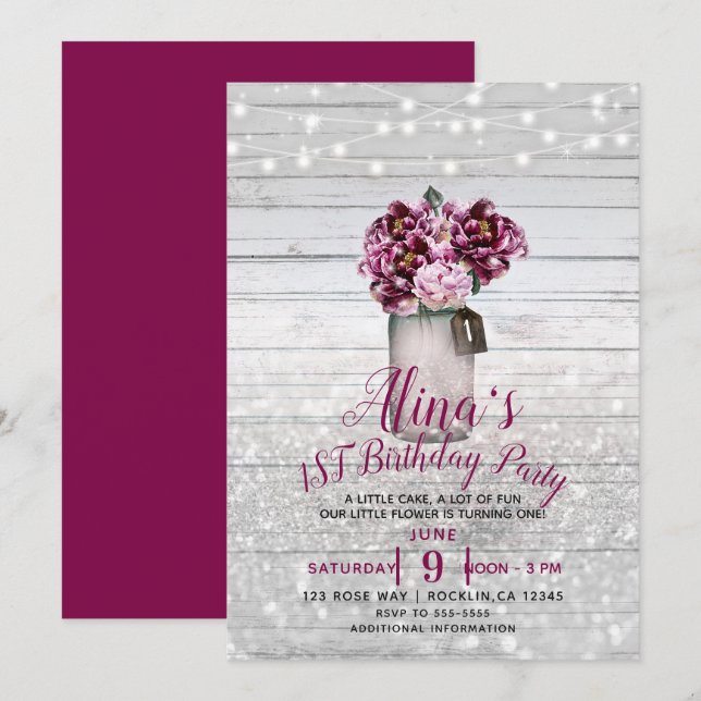 Invitation Glamour Rustique Bois Mason Fleurs de jarre 1er an (Devant / Derrière)