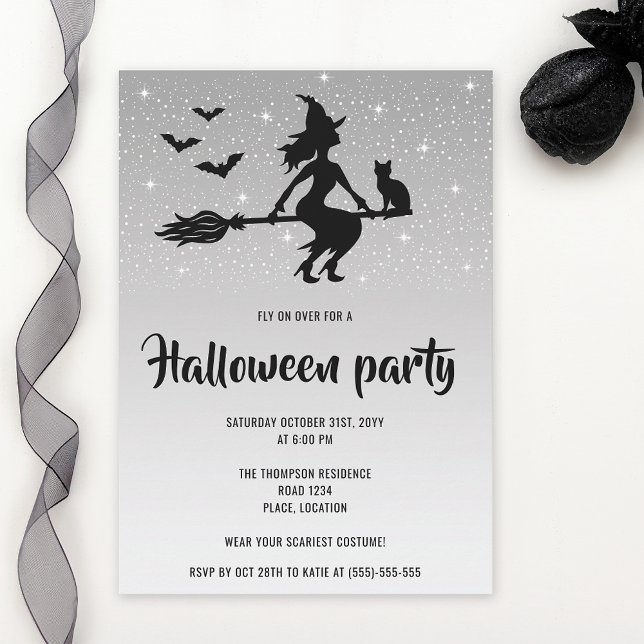 Invitation Glamour Sorcière Argent Et Black Halloween Party (Créateur téléchargé)