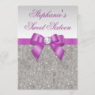 Invitation Glamour sucré 16 Faux Séquins d'argent Bow pourpre