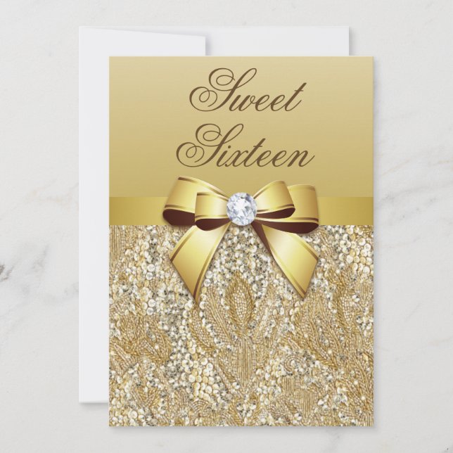 Invitation Glamour Sweet 16 Faux Gold Sequins and Bow (Devant)