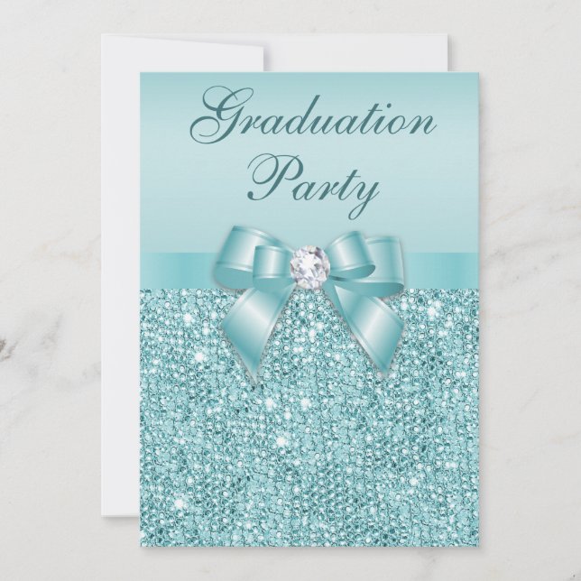Invitation Glamour Turquoise Jewels Bow Girls Graduation Part (Devant)