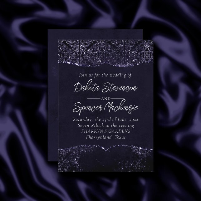 Invitation Glimmery Indigo Grunge | Midnight Purple Damask (Créateur téléchargé)