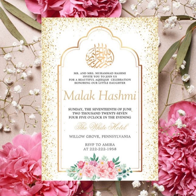 Invitation Gliter floral de luxe or Aqiqa islamique Aqeeqa (Créateur téléchargé)