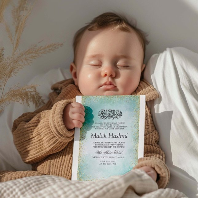 Invitation Gliter Turquoise moderne Aqiqa Aqeeqah islamique (Créateur téléchargé)