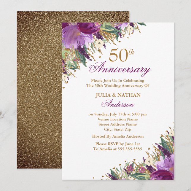 Invitation Glitter Améthyste Violet Floral 50e Anniversaire (Devant / Derrière)