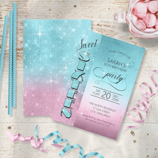 Invitation Glitter and Shine Sweet 16 Teal/Pink ID675 (Créateur téléchargé)