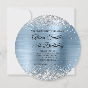 Invitation Glitter Argent Lumière Bleu Clair Monogramme 75e A