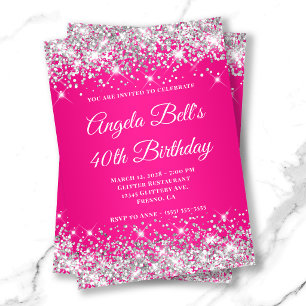 Invitation Glitter Argent Rose Chaud Monogramme 40e Anniversa