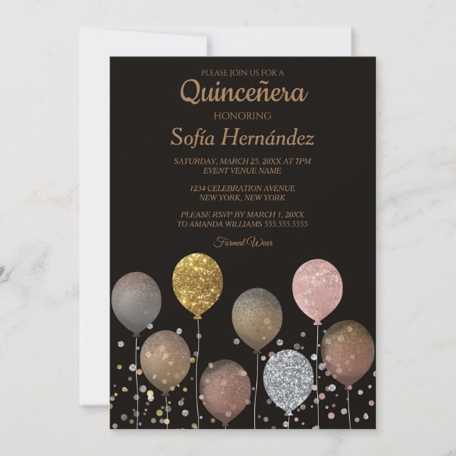 Invitation Glitter Balloon Quinceñera (Devant)