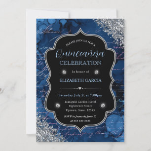 Invitation Glitter Bleu Profond Lettres Sirène Quinceanera