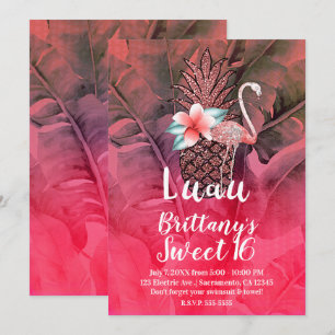Invitation Glitter de Ananas Tropical Rose Luau 16 Ans Sucrés