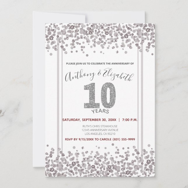 Invitation Glitter de confettis argentés pour 10e anniversair (Devant)