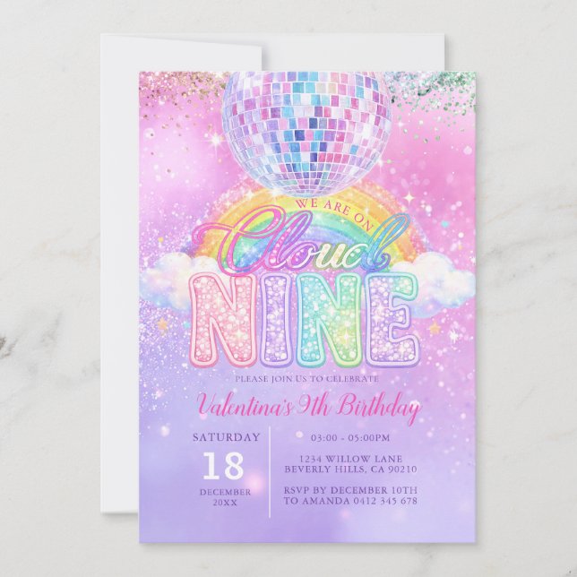 Invitation Glitter Disco Ball Pastel Cloud Nine Birthday (Devant)