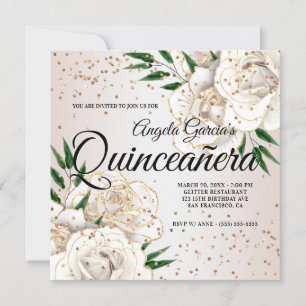 Invitation Glitter Doré Fleurs Blanches Glam Quinceañera