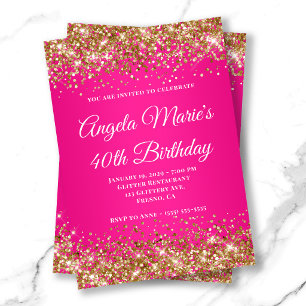 Invitation Glitter Doré Fuschia Fantaisie Monogramme 40e Anni