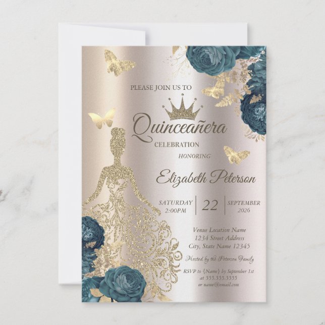 Invitation Glitter Dress,Butterfly Green Roses Champagne15th  (Devant)