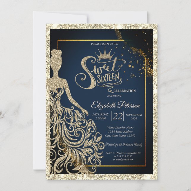 Invitation Glitter Dress,Tiara Navy Blue Gold Glitter (Devant)