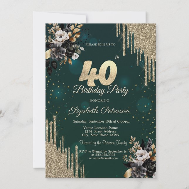 Invitation Glitter Drips Black Roses Green 40th Birthday  (Devant)