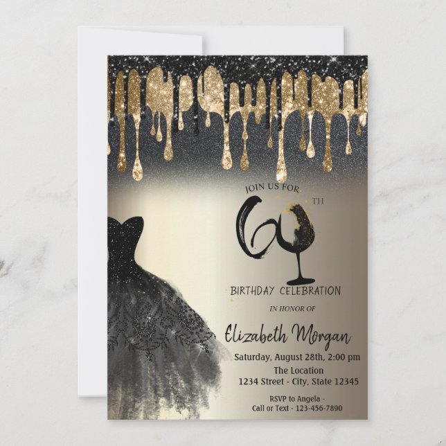 Invitation Glitter Drips Dress Wine Glass Gold 60th  (Devant)