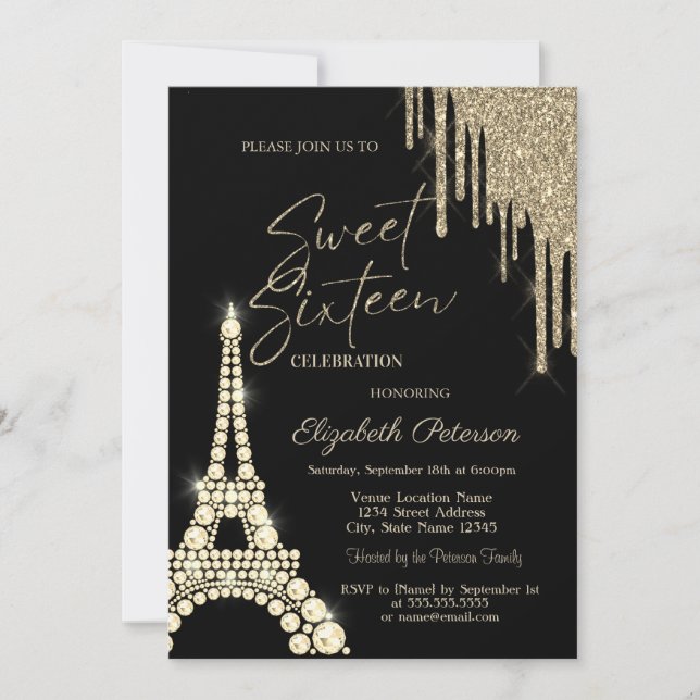 Invitation Glitter Drips,Eiffel Tower Diamonds Sweet 16 (Devant)
