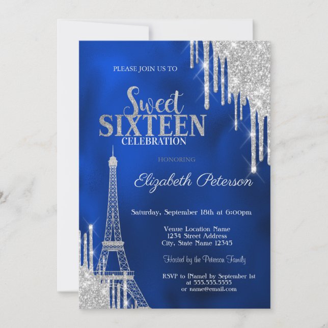 Invitation Glitter Drips, Eiffel Tower Royal Blue Sweet 16 (Devant)