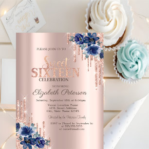Invitation  Glitter Drips Rose Gold Fleurs Bleues Sweet 16 