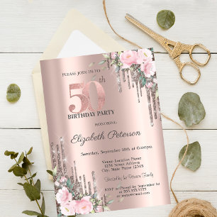 Invitation  Glitter Drips Rose Gold Floral 50e Anniversaire 