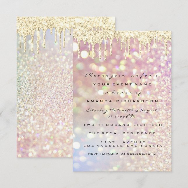 Invitation Glitter Drips Rose Gold  Mariage Douce 16e Lux (Devant / Derrière)
