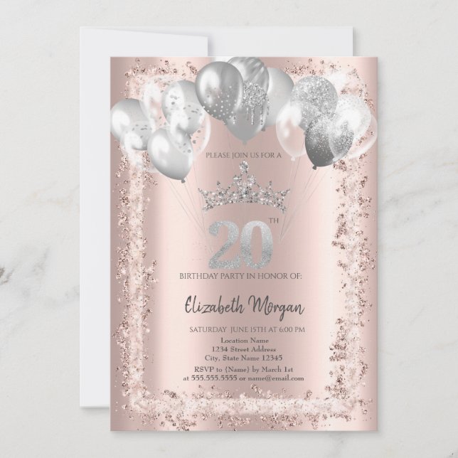 Invitation Glitter Frame,Silver Crown,Balloons 20th Birthday (Devant)