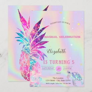 Invitation Glitter holographique élégant Tortue Ananas
