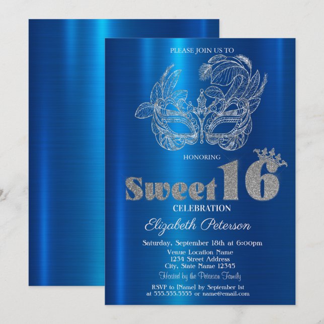 Invitation Glitter Mask Blue Metallic Sweet 16 (Devant / Derrière)