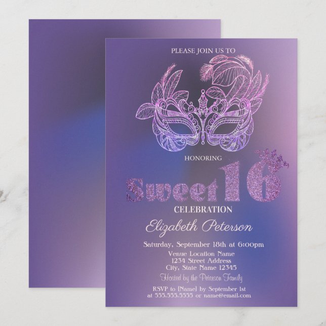 Invitation Glitter Mask Violet  Sweet 16 (Devant / Derrière)