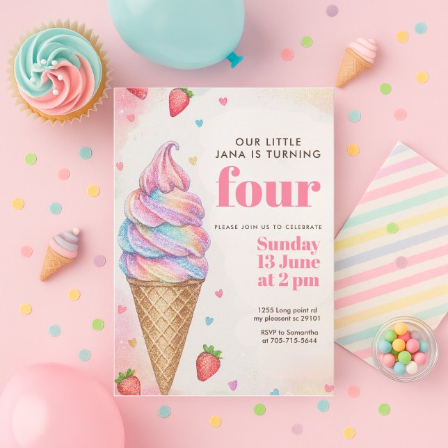 Invitation Glitter Rainbow Ice Cream Cone Birthday  (Créateur téléchargé)