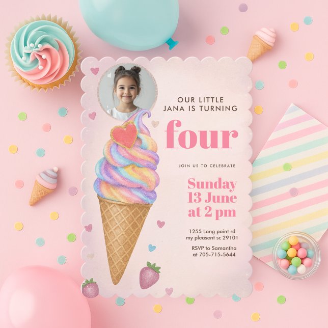 Invitation Glitter Rainbow Ice Cream Cone Photo Birthday  (Créateur téléchargé)