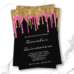 Invitation Glitter Rose Chaud Gouttes Noir Quinceañera