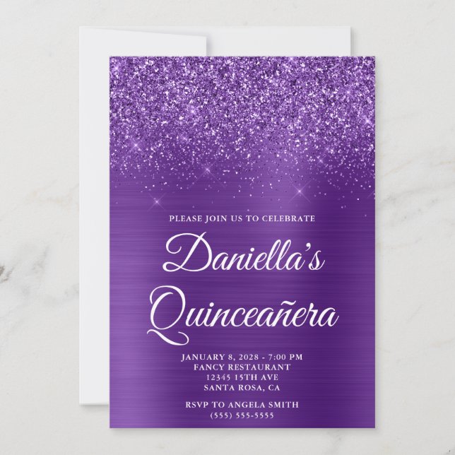 Invitation Glitter Royal Purple Foil Photo Quinceañera (Devant)