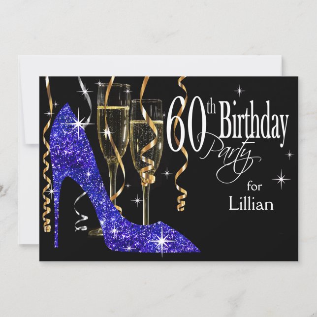 Invitation Glitter Stiletto Champagne 60e Anniversaire Bleu (Devant)