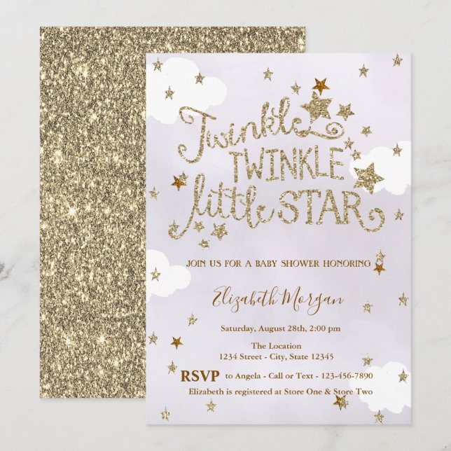 Invitation Glitter Twinkle Little Star Lavender Baby Shower (Devant / Derrière)