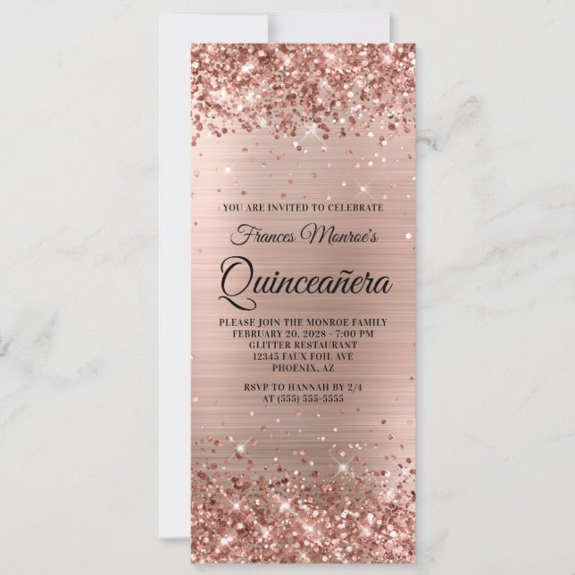 Invitation Glitterature Rose Gold Foil Quinceañera (Devant)