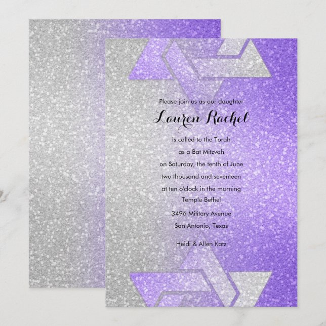 Invitation Glitterie Bat mitzvah rayonnant violet (Devant / Derrière)