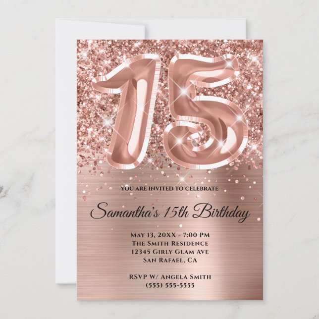 Invitation Glitterie brillant Rose or 15e anniversaire (Devant)
