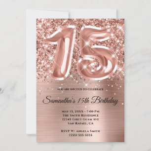 Invitation Glitterie brillant Rose or 15e anniversaire
